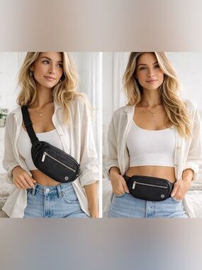 Lululemon Wanderlust Belt Bag Black Silver Zip Crossbody Athleisure OS